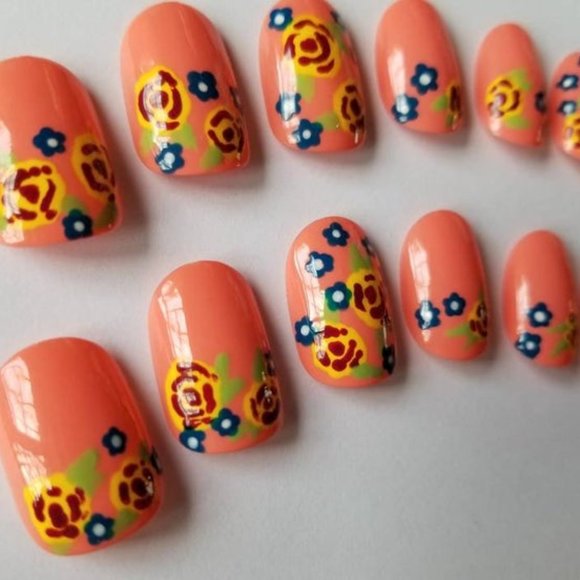 Peach Flower Nails - Spring Floral Nails New Hand Painted - Picture 1 of 5